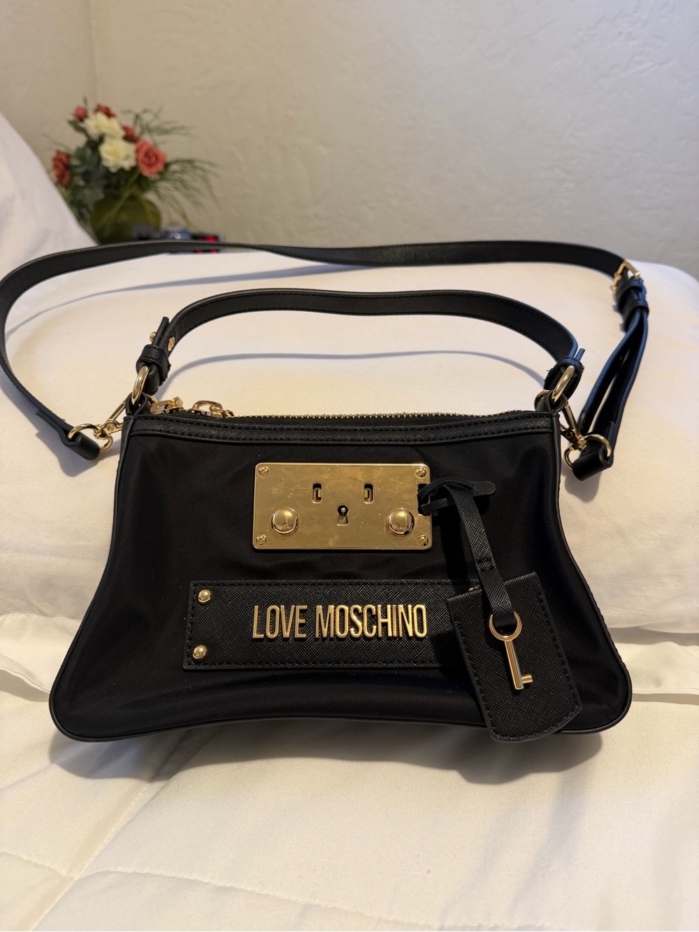 Love Moschino Black Crossbody with Gold Plate and Key Charm